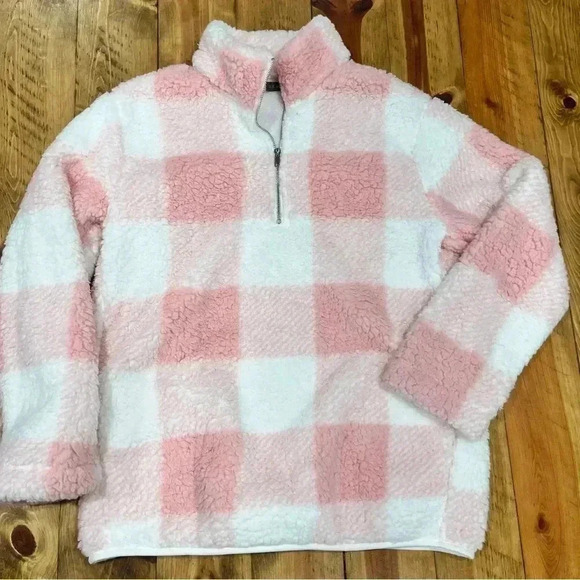 zesica Jackets & Blazers - Zesica Fleece, pullover 3/4 zip, pink and white plaid jacket with pockets